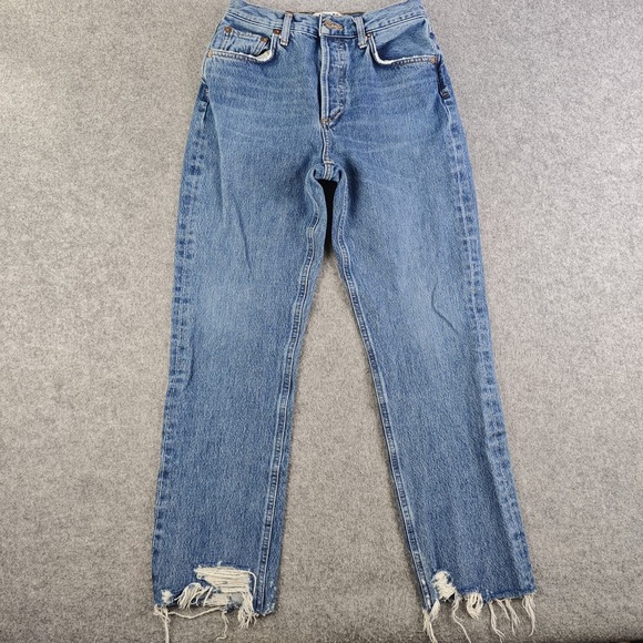 Agolde Denim - Agolde Riley High Rise Straight Crop Jeans Women's 24 Blue Distressed Frayed Hem